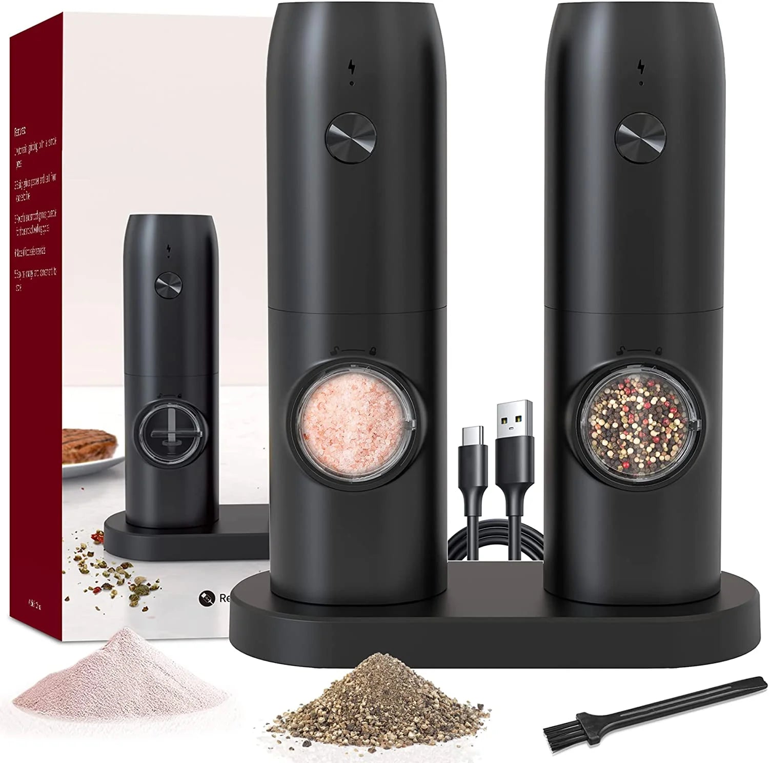 Electric Salt & Pepper Grinder Set (2 Pack) – Rechargeable, Adjustable & One-Handed Use