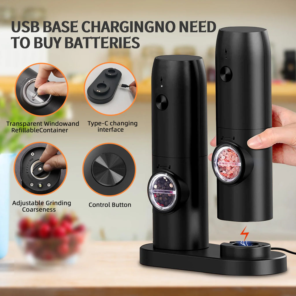Electric Salt & Pepper Grinder Set (2 Pack) – Rechargeable, Adjustable & One-Handed Use