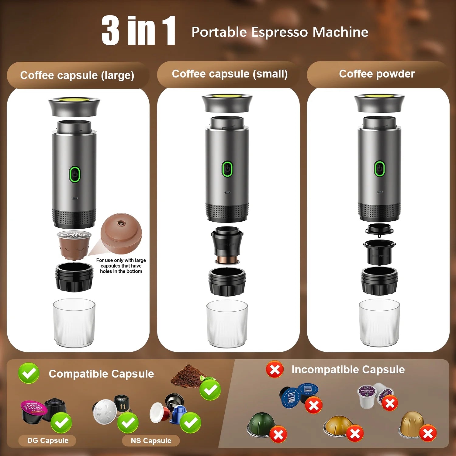 Portable Espresso Machine – 3-in-1 Mini Coffee Maker with USB-C (20 Bar, Gray)