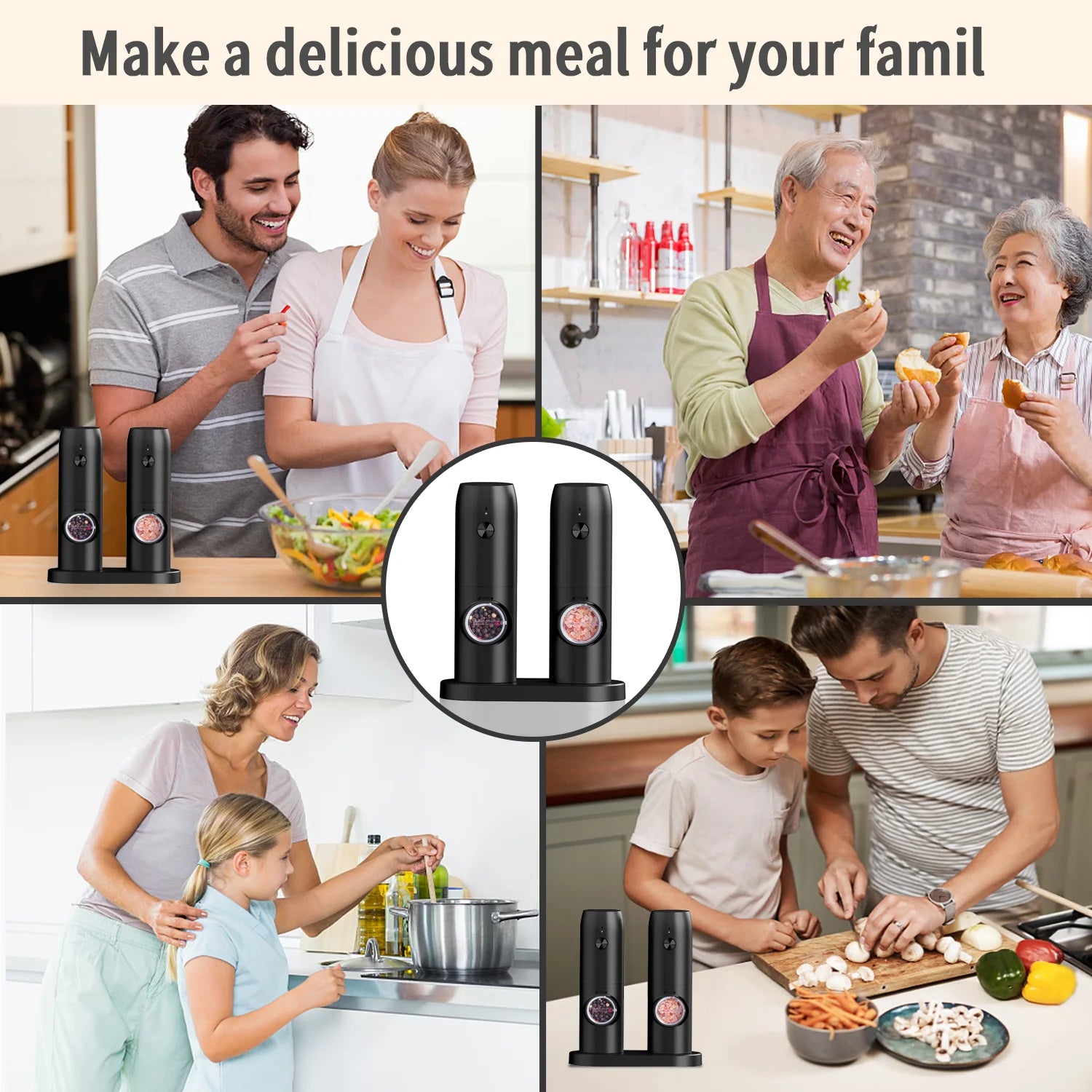 Electric Salt & Pepper Grinder Set (2 Pack) – Rechargeable, Adjustable & One-Handed Use