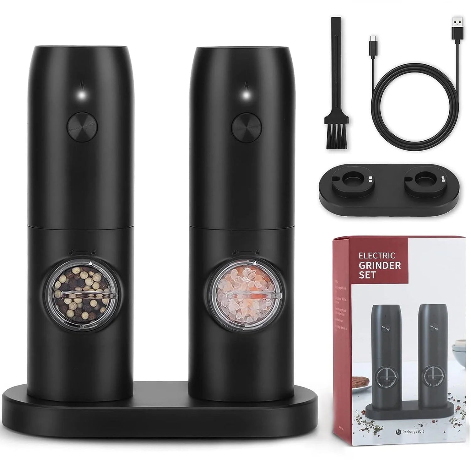 Electric Salt & Pepper Grinder Set (2 Pack) – Rechargeable, Adjustable & One-Handed Use